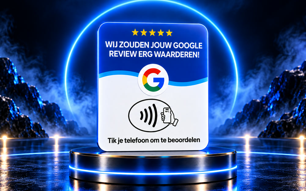 De Google Review NFC kaart op een verlicht podium